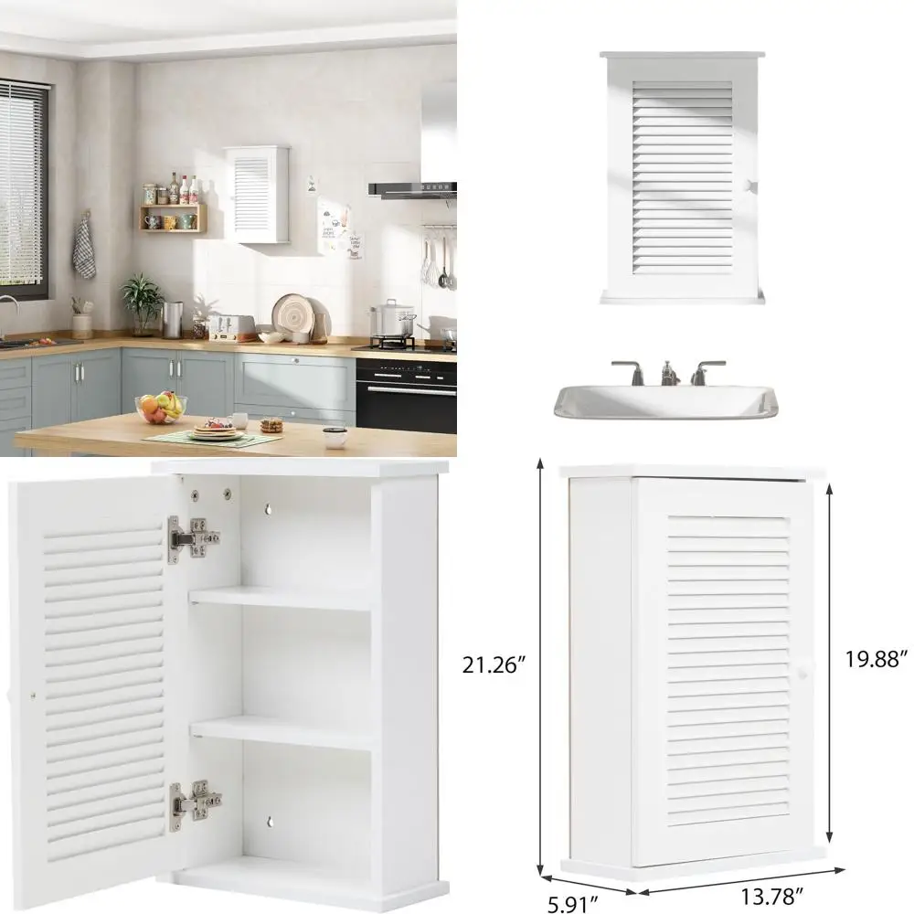 

3-Tier Wooden Bathroom Wall Cabinet with Louvered Door and Adjustable Shelf, White