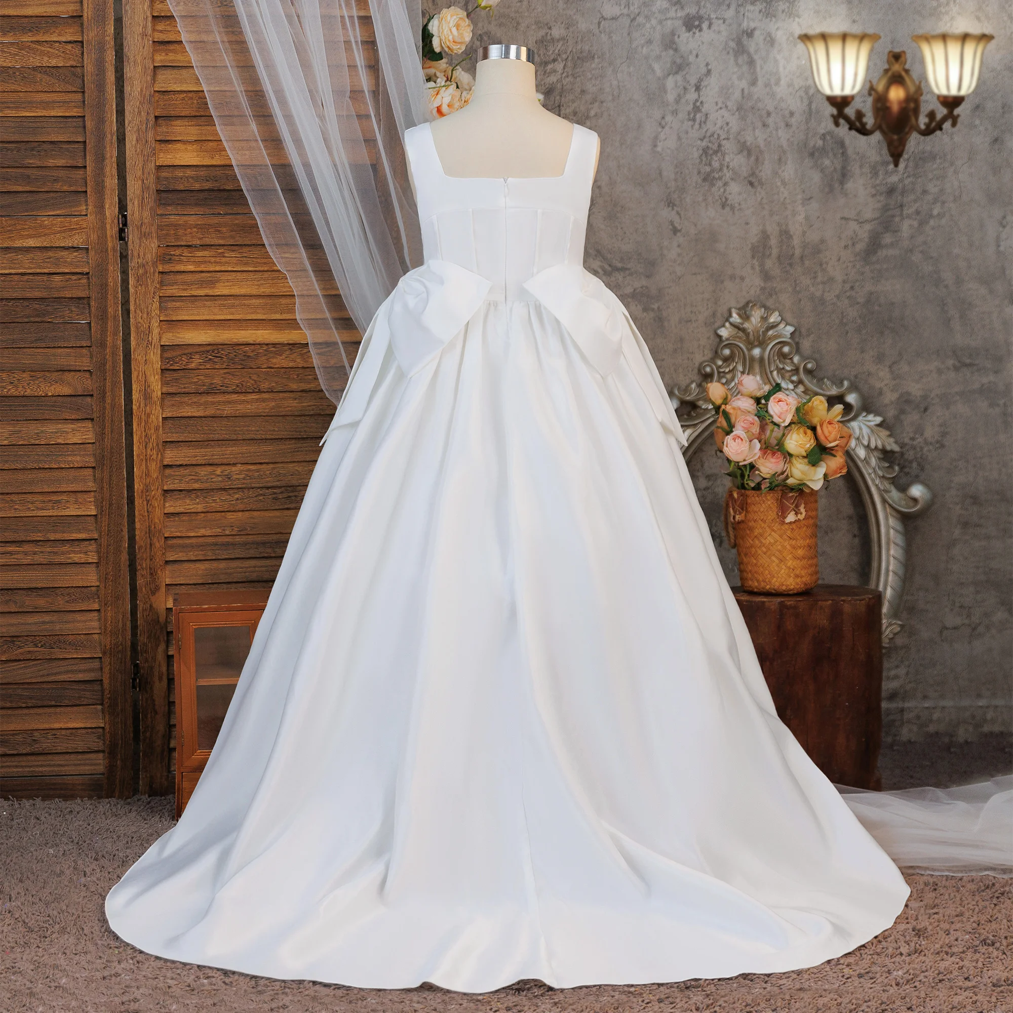 Elegant Baptism Bridesmaids Party Girls Dress Formal Bow Wedding Princess Evening Dresses for Girl Graduation Ceremony Prom Gown