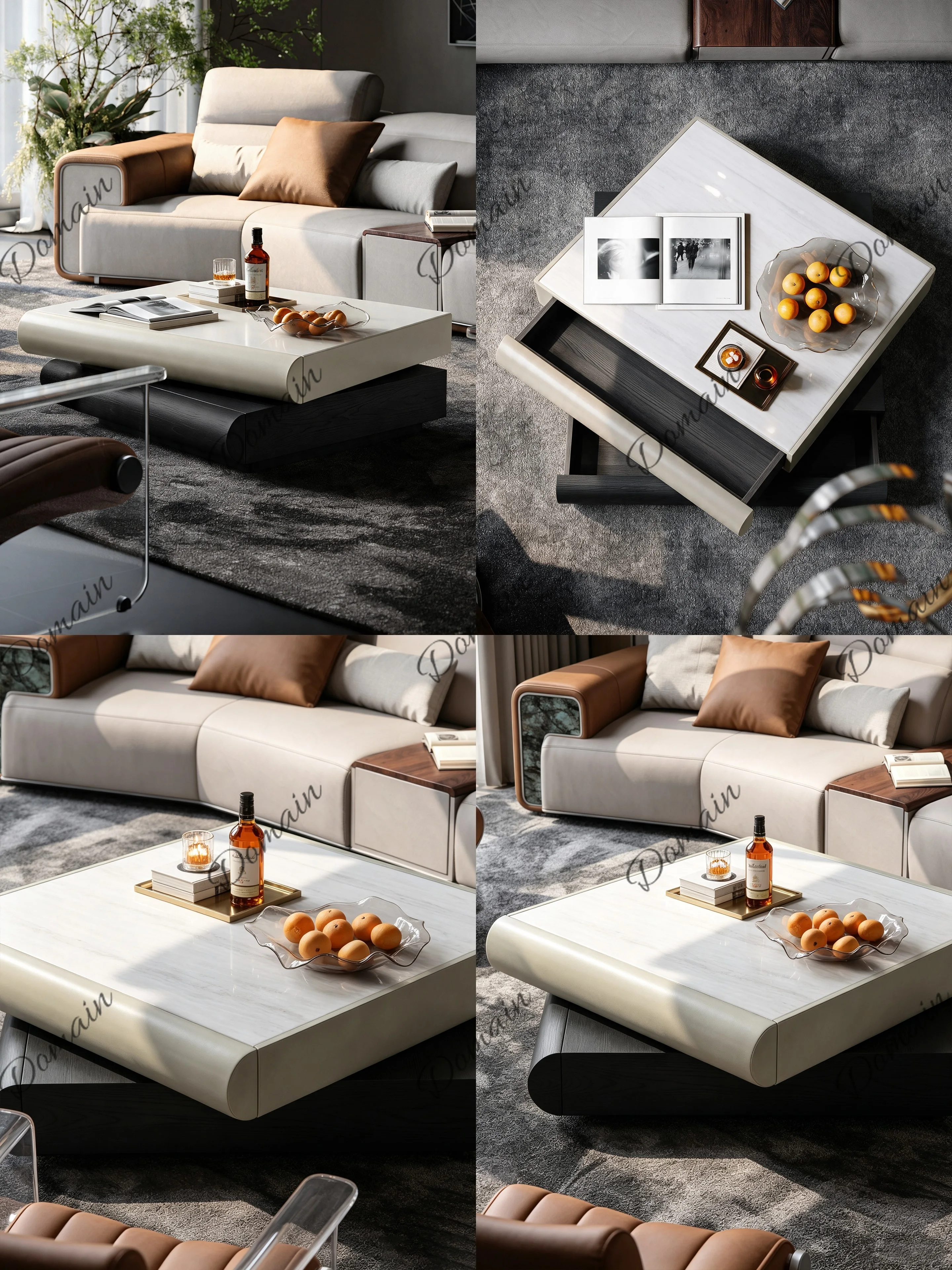 Modern Square Coffee Table for Small Living Room, Double Layer Storage Rotating Marble Center Table