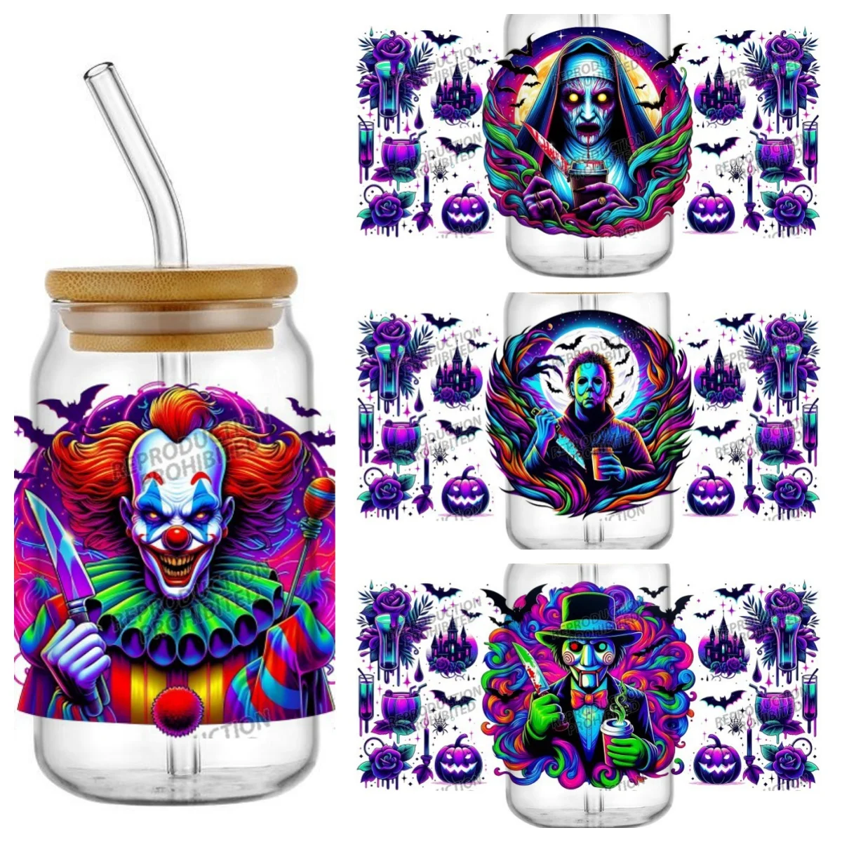 3D Neon Horror Halloween Decal UV DTF Cup Wrap for 16oz Libbey Glasses DIY Mug Horror Character Transfer Stickers ﻿