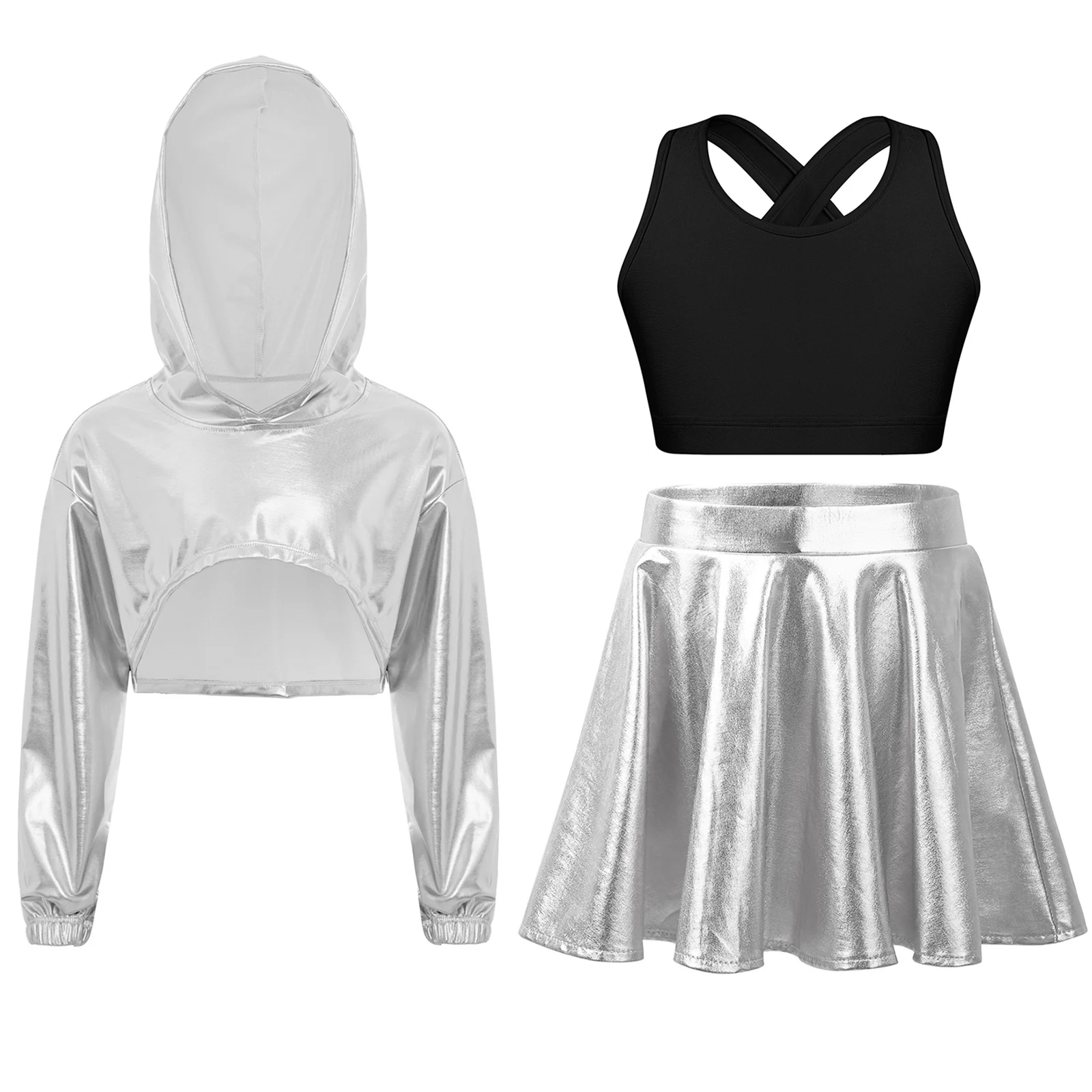 Kids Girls Hip-Hop Jazz Cheerleading Dance Costume Long Sleeve Metallic Shiny Hoodie Tops with Vest Skirt for Stage Performance