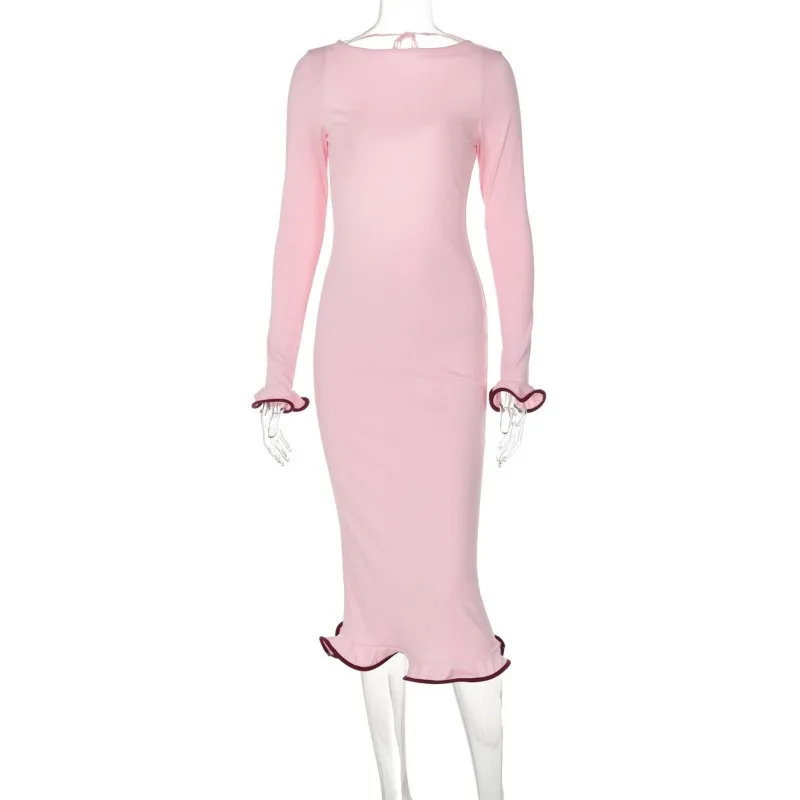2025 Vestido midi feminino com babados em bloco de cores e design moderno com ajuste bodycon, mangas largas, perfeito para um visual atrevido