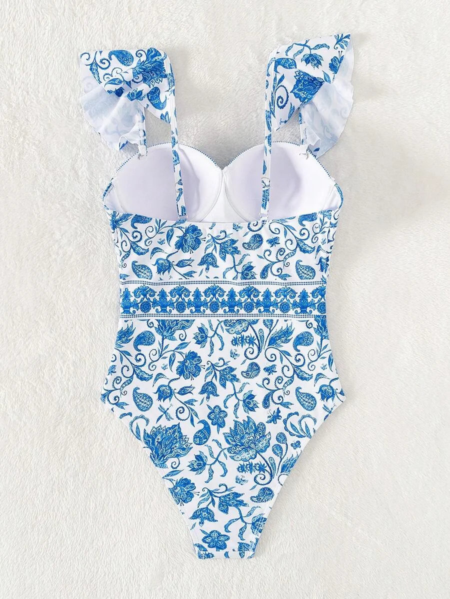 2026 Printed Swimsuit One Piece Ruffle Trim Push Up Swimwear Women Sexy Bathers Bathing Swimming Swim Suit Female Beachwear XXL