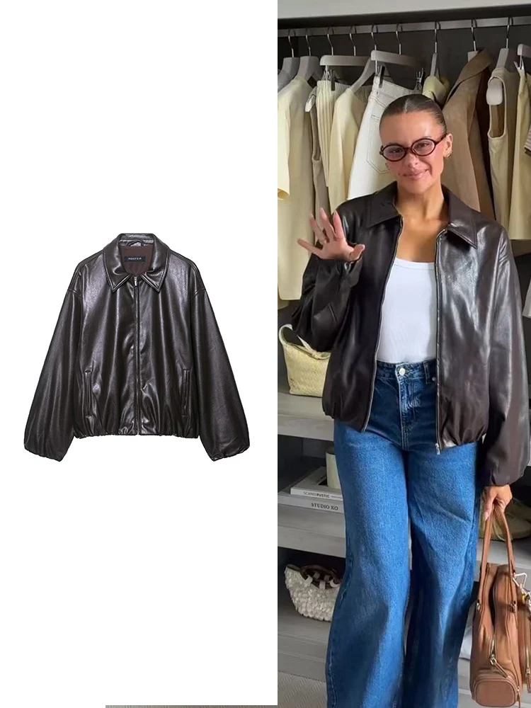 

TFMLN Women Vintage Leather Bomber Jacket Turn Down Neck Long Sleeves Loose Jacket Zipper Short Coat Faux Leather Chic Coat