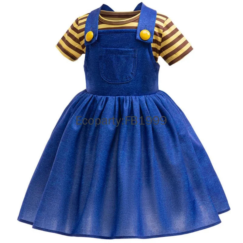 2pcs Set Kids Halloween Costume Yellow Striped Top Strap Dress Set Baby Girls Boy Carnival Party Stage Performance Costumes