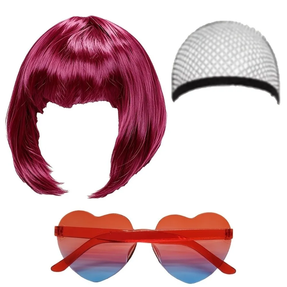 3Pcs Colorful Short Bob Hair Wig Halloween Party Cosplay Wig Set Christmas with Hairnet and Glasses Short Bangs Football Matches