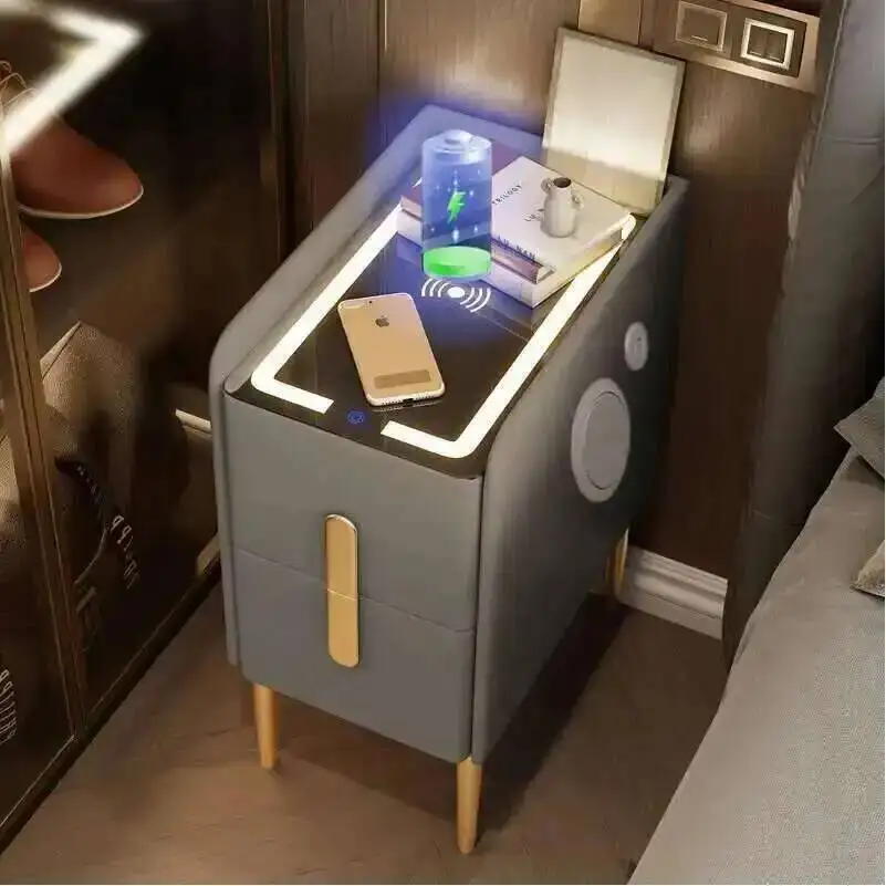 

Ultra-Narrow Smart Bedside Table Modern Wireless Charging Bluetooth Nightstands Multi Functional Wood Side Table Furnitures