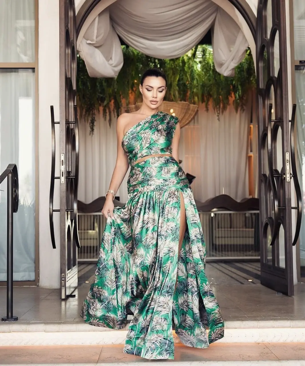 Robes de soirée d'anniversaire sexy pour femmes 2025 été vert rétro imprimé épaule inclinée sans manches robes de fête de vacances