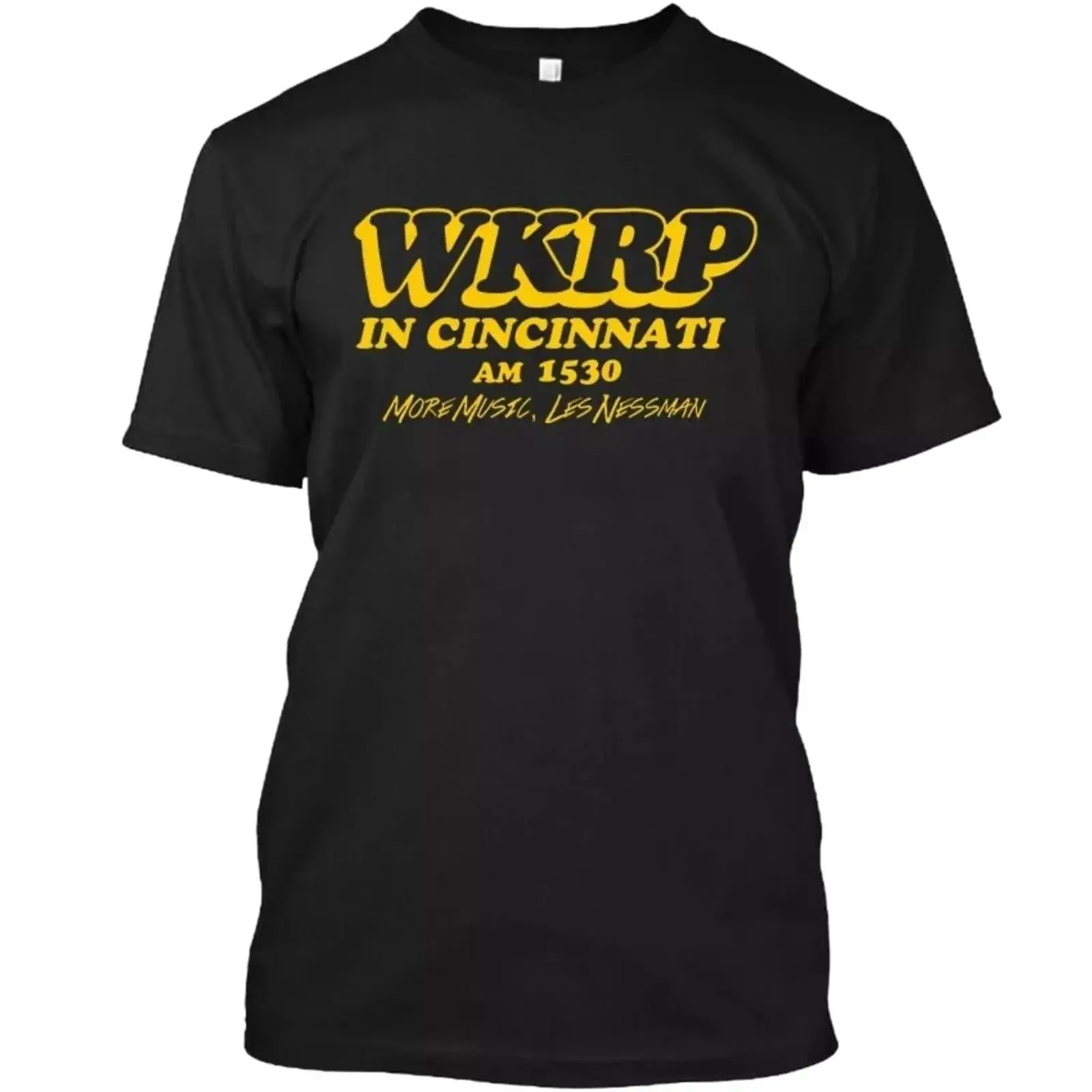 NWT WKRP in Cincinnati American Sitcom TV Show Vintage Logo T Shirt SIZEBlack vintage Washed Slightly Stylish homme streetwear