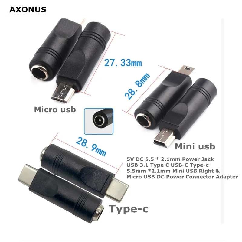 5V DC 5.5 * 2.1mm Power Jack USB 3.1 Type C USB-C Type-c 5.5mm *2.1mm Mini USB Right & Micro USB DC Power Connector Adapter
