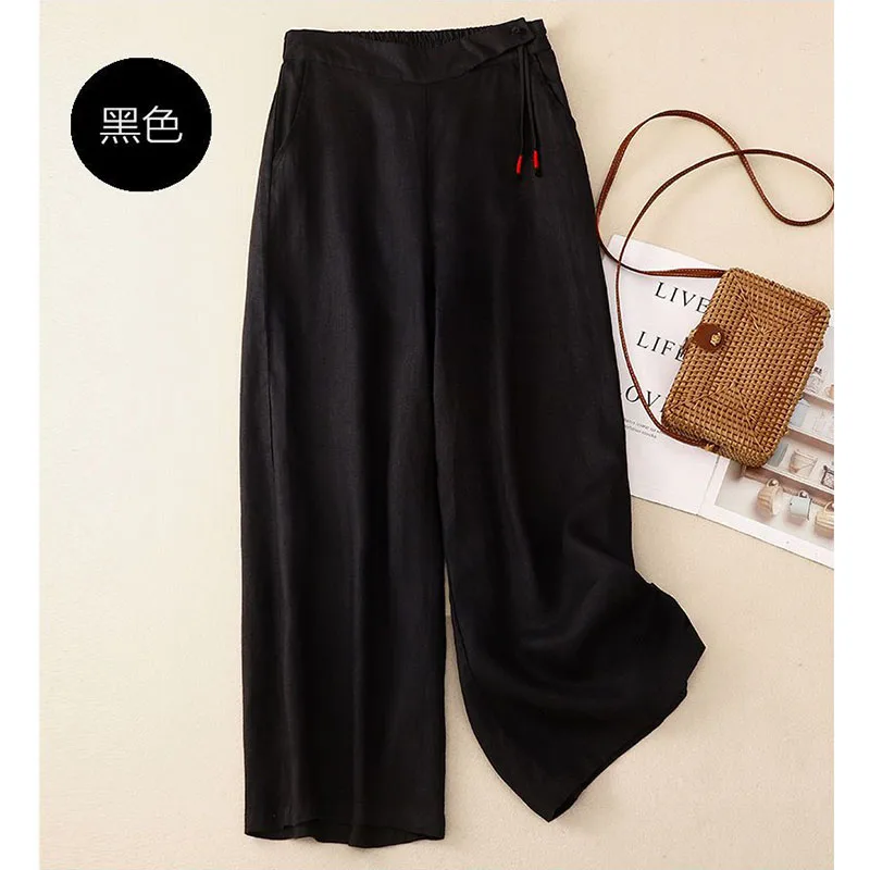 夏のパンツ女性のための綿麻大きいサイズワイドレッグパンツファムアートスタイル弾性ウエスト固体カジュアルルーズパンタロン