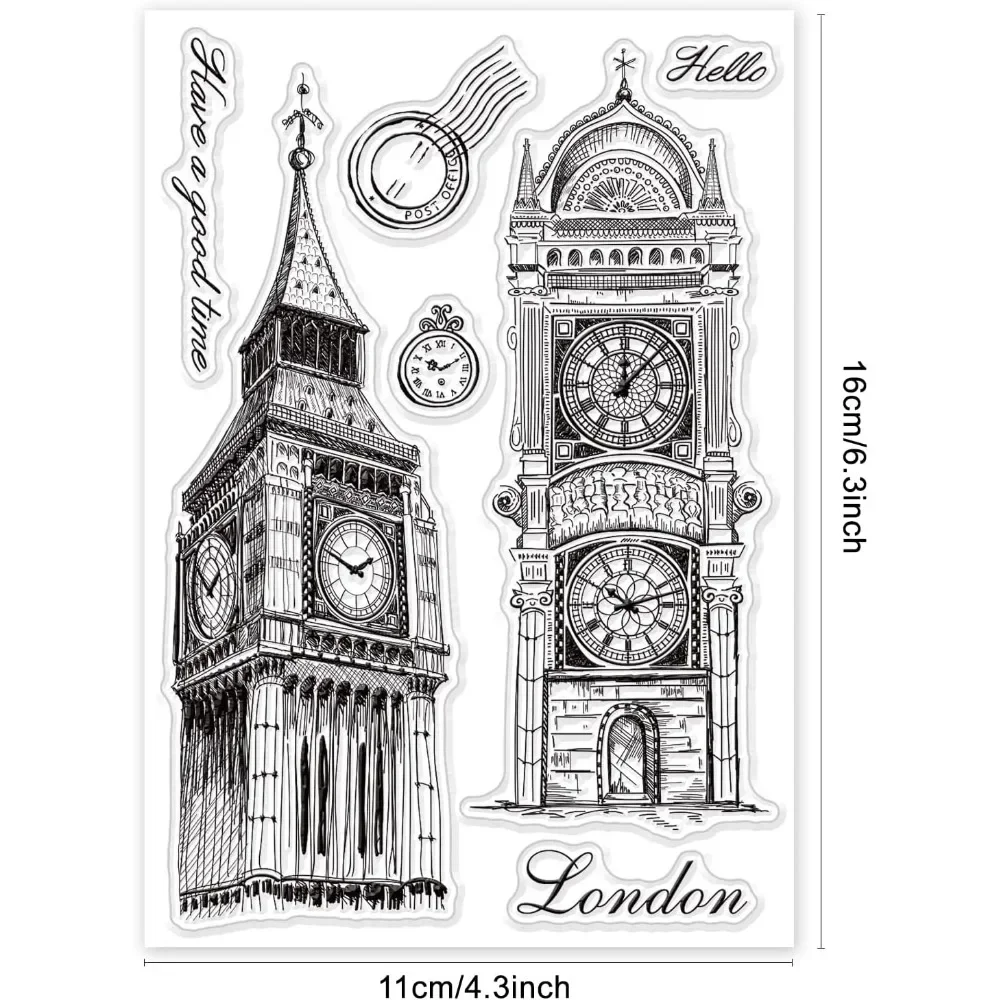 Clock Building Silicone Clear Stamp London Transparent Silicone Postmark and Stamp Watch Rubber Stamp for Scrapbook Journal