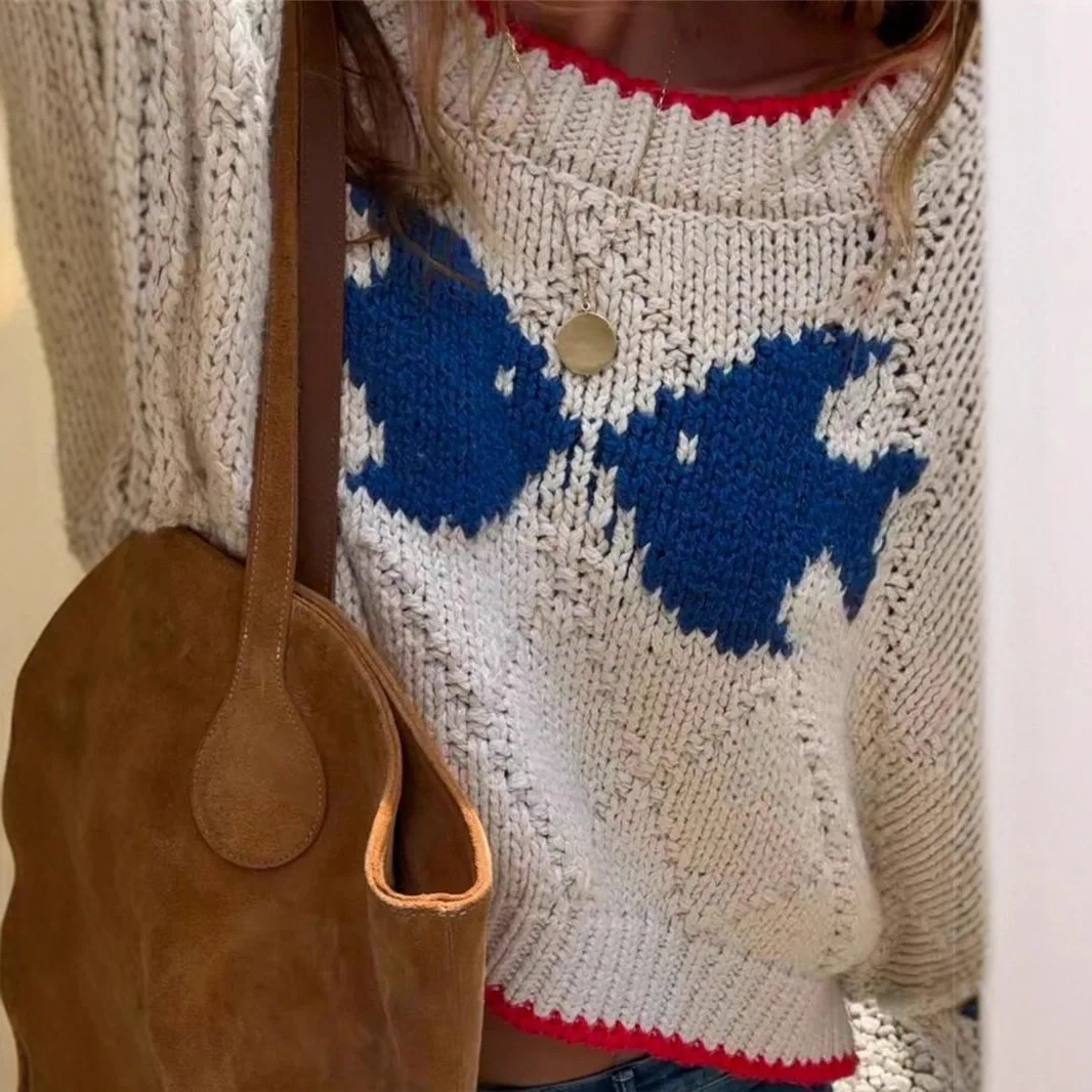 2025 Otoño e Invierno nueva moda Retro contraste Jacquard diseño tejido suelto Casual suéter mujer ropa Tops de manga larga