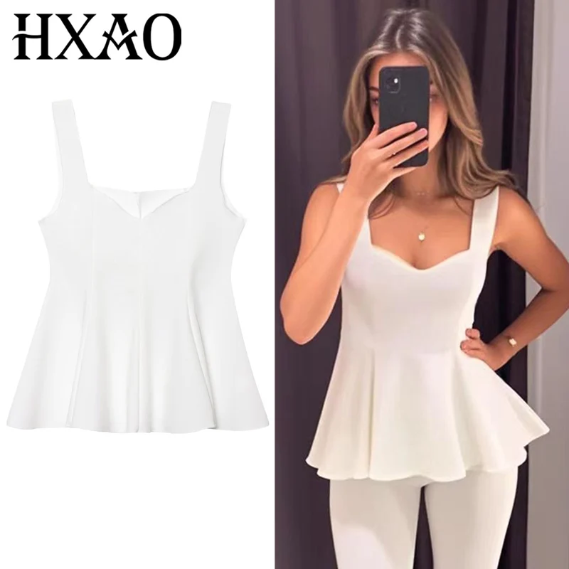HXAO, Top blanco para mujer, camisetas sin mangas y camisola de verano, Tops cortos con tirantes a la moda y espalda descubierta con correas, chalecos sin mangas con volantes para calle