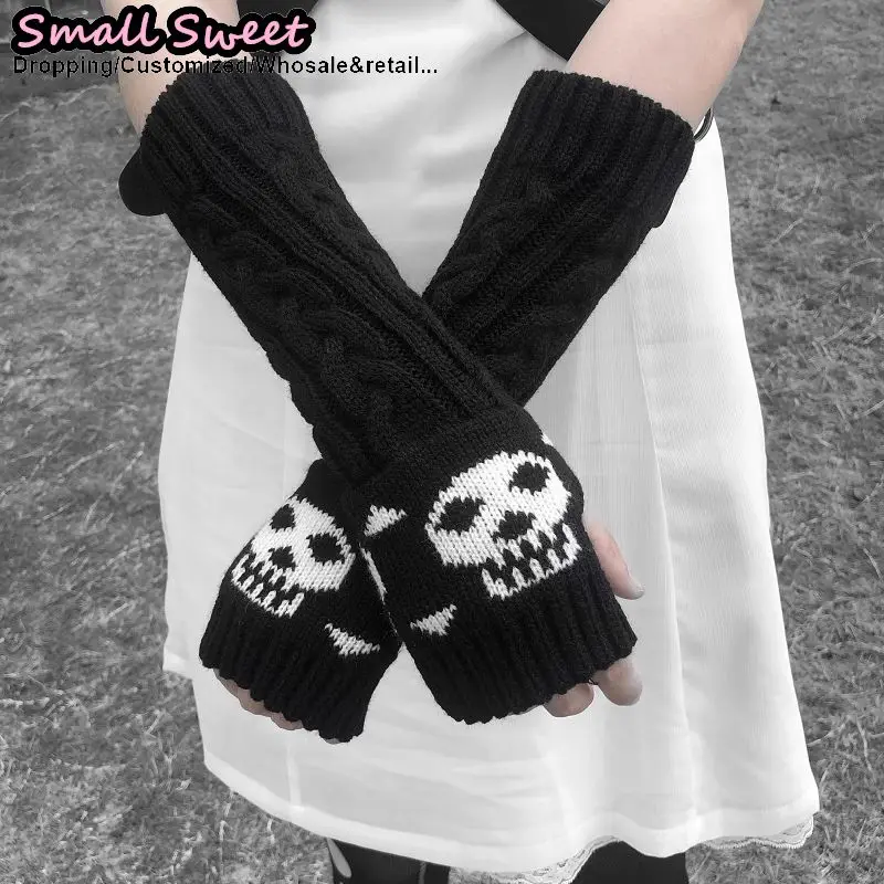 

Женские вязаные митенки в стиле Y2K, Лолита, JK, Готика, японские перчатки-скелеты с манжетами, согревающие, без пальцев