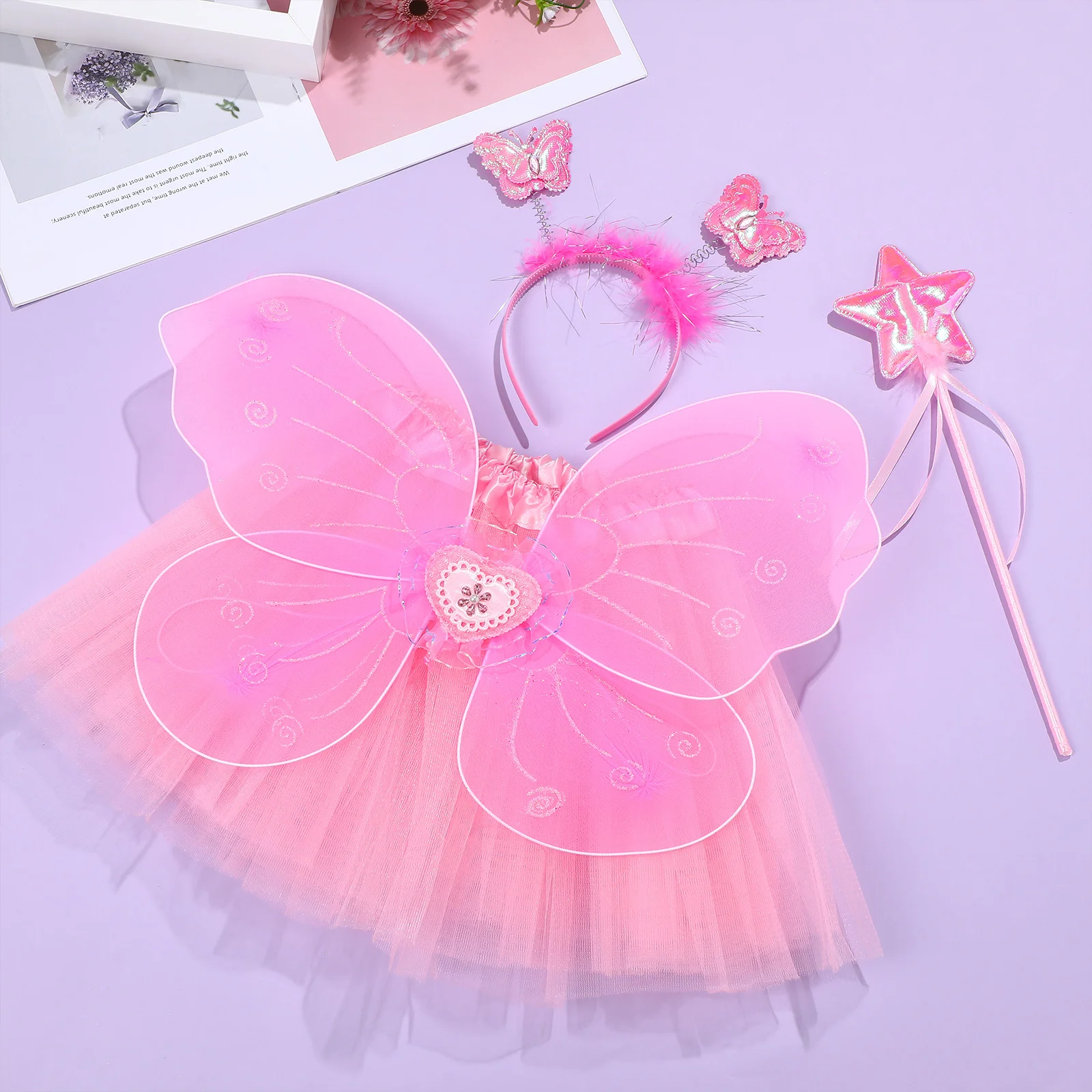 Girls Clothes Butterfly Wings Four Piece Set Fairy Costume for Tutu Hairhoop Pink Girl's Cosplay Accessories