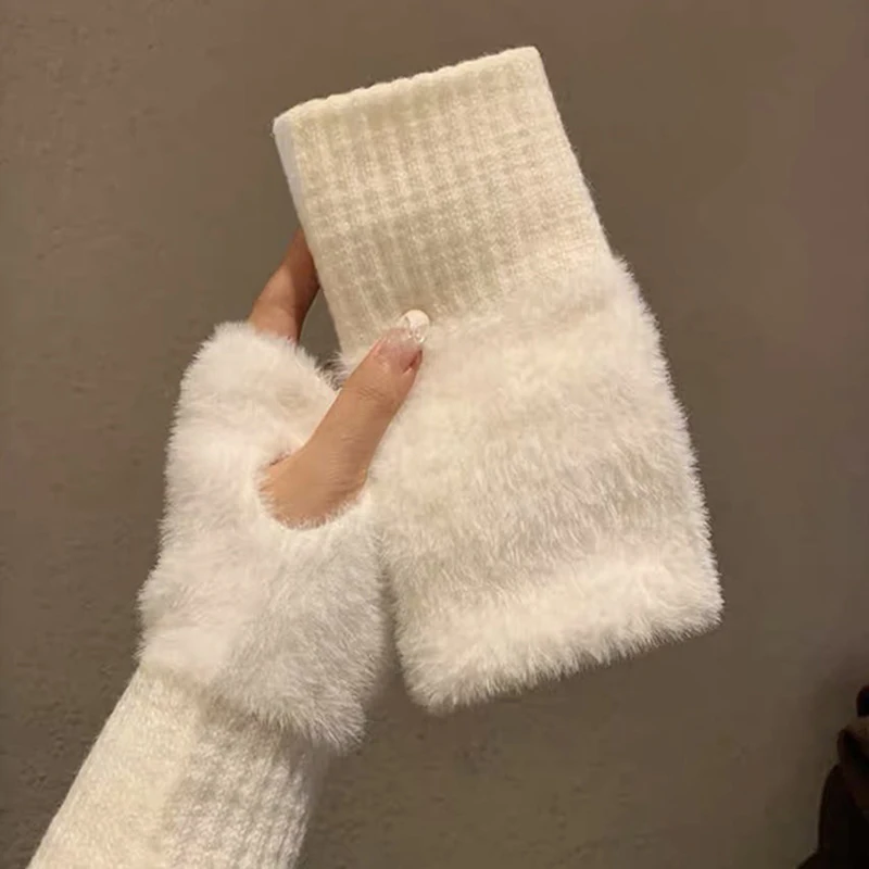 C.New S Winter Mink Fleece Soft Gloves Women Luxury Solid Warm Fingerless Gloves White Plush Knitted Wrist Mittens