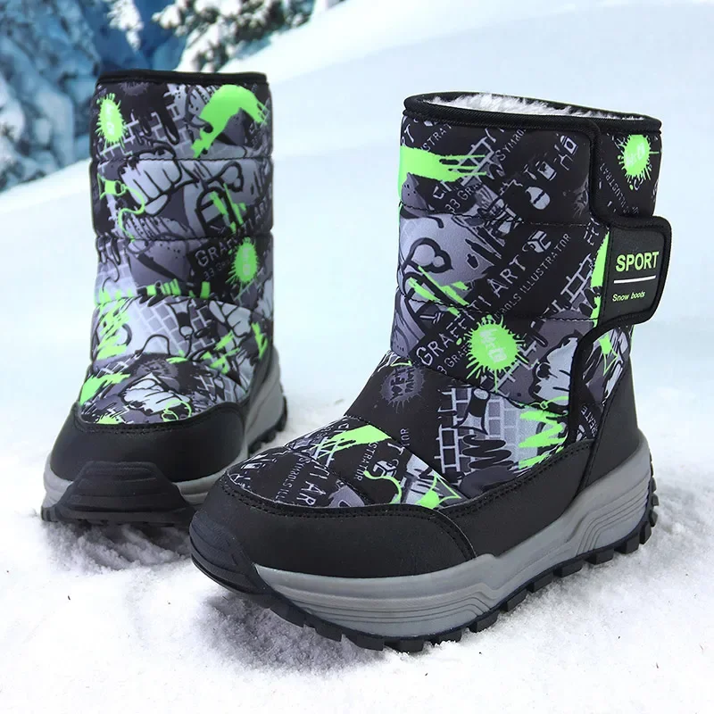 Kids Big Boys Snow Boots Winter Warm Fur Shoes Size 31-39# Children Plush Shoe Footwear Non-slip Camouflage Waterproof 222