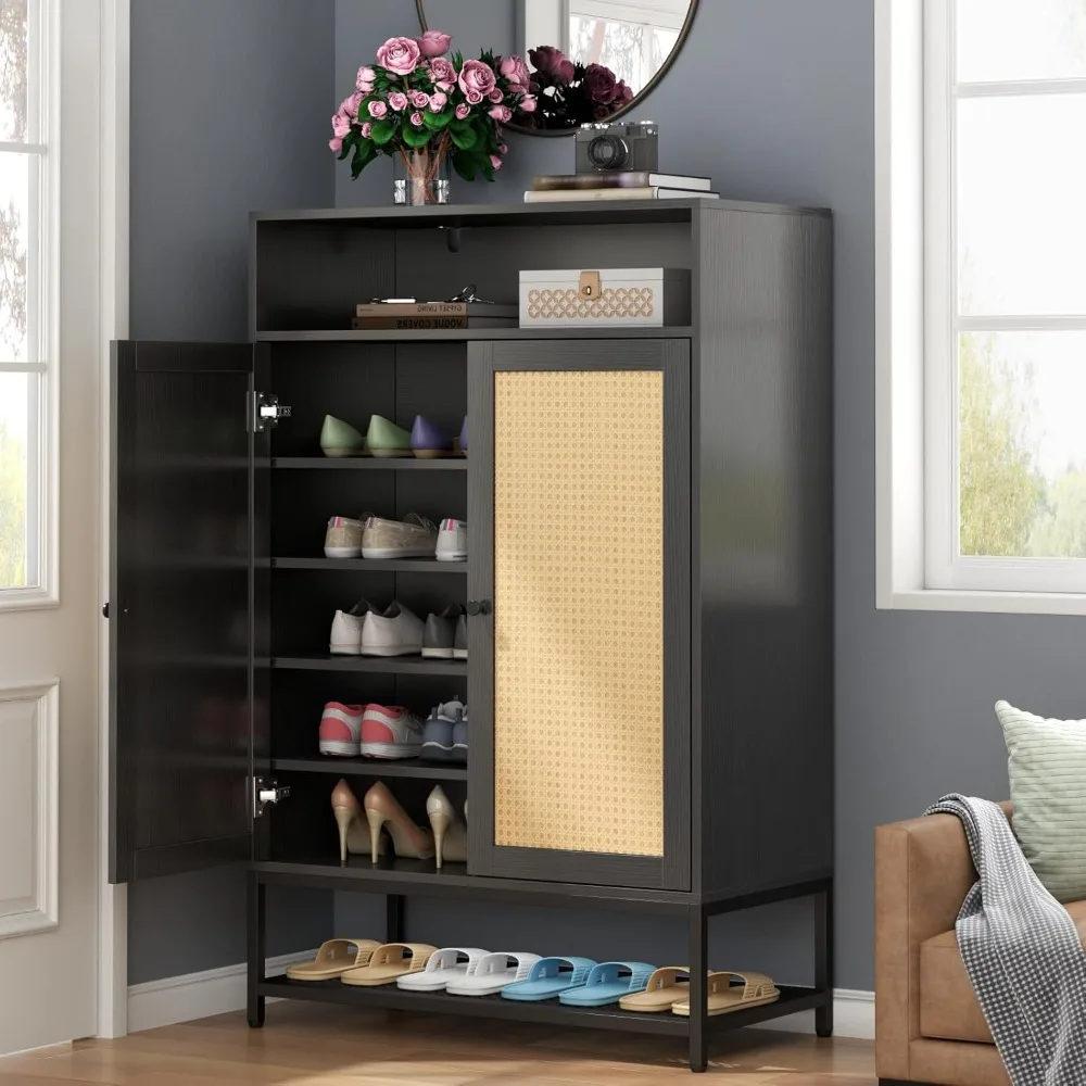 

Rattan Shoe Organizer with Doors, Shoe Storage Cabinet with Adjustable Shelves for Entryway, 7-Tier Entryway Shoe Rack Storage f