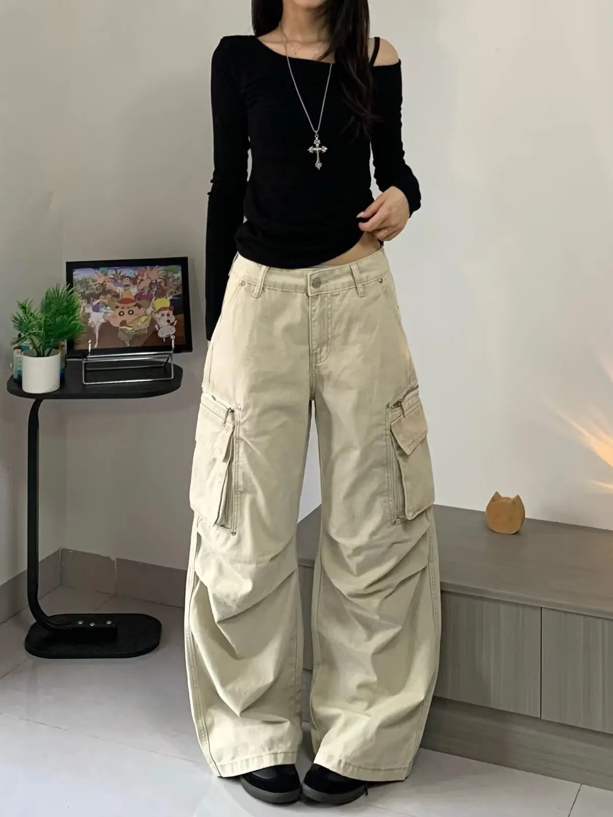 American Style Multi-Pocket Work Pants High Waist Straight Leg Wide Leg Casual Jeans Long Trousers for Men And Women
