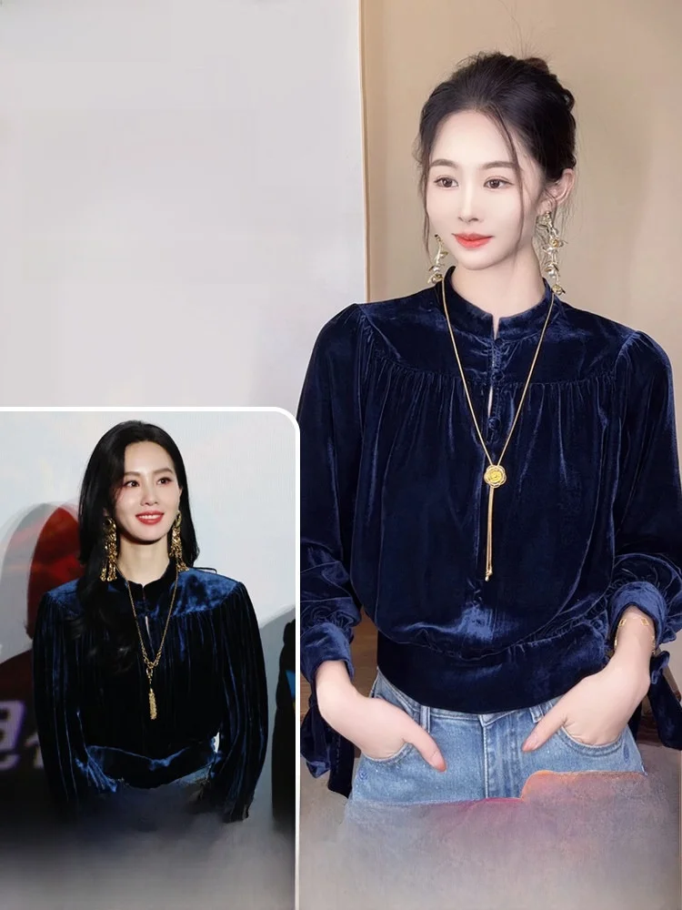 

Женский шелковый бархатный топ Ele Young Inner Wear Long Sve Knot Straight Cut, осенне-зимний модный повседневный топ