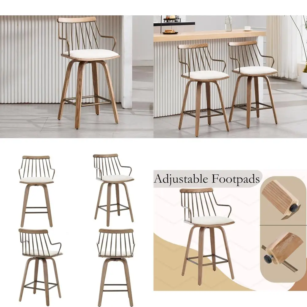 

Modern Upholstered Swivel Bar Stool with Spindle Back and Arms, Linen Seat on Wooden Legs