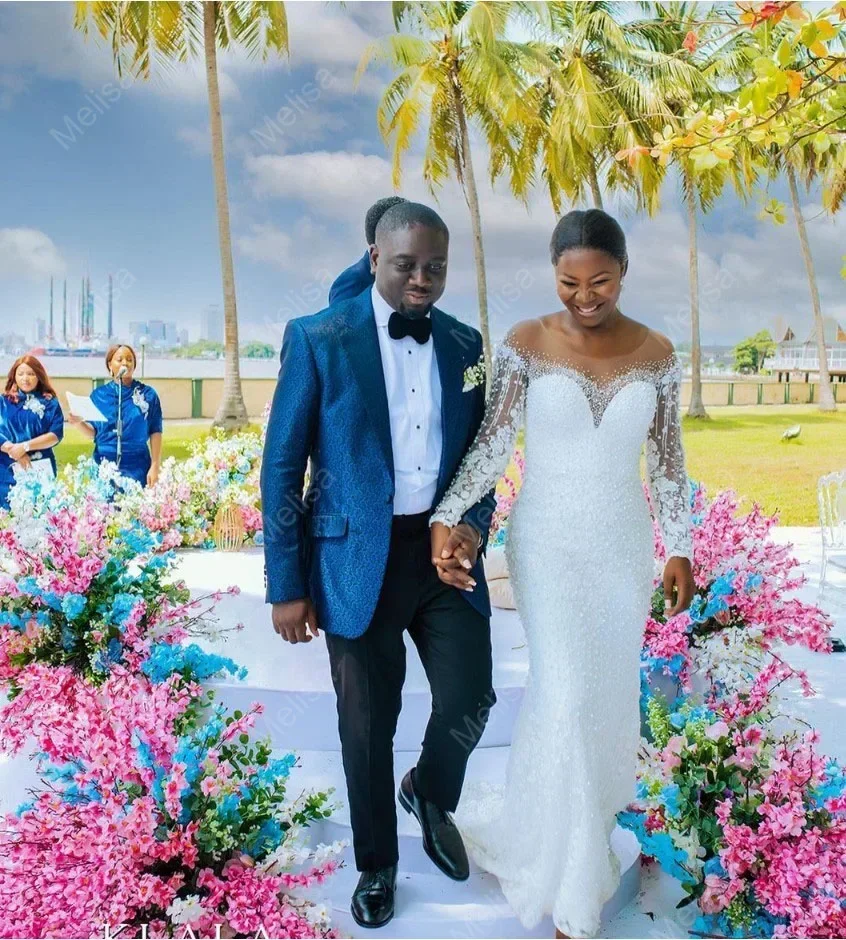 Customized Vestido De Novia 2024 African Plus Size Long Sleeve Wedding Dress Detachable Train Trumpet Beaded Sequins Bridal Gown