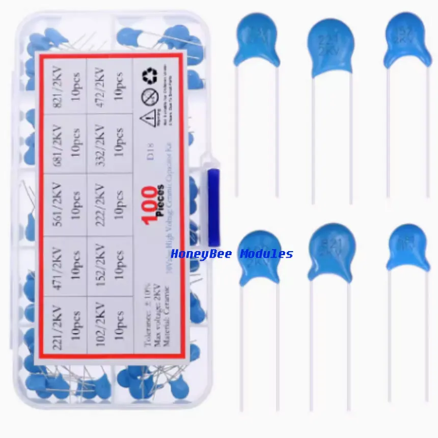 

10 types 100pcs high voltage ceramic chip capacitors direct inserted blue porcelain ceramic dielectric 2KV series 0.22nF~4.7NF