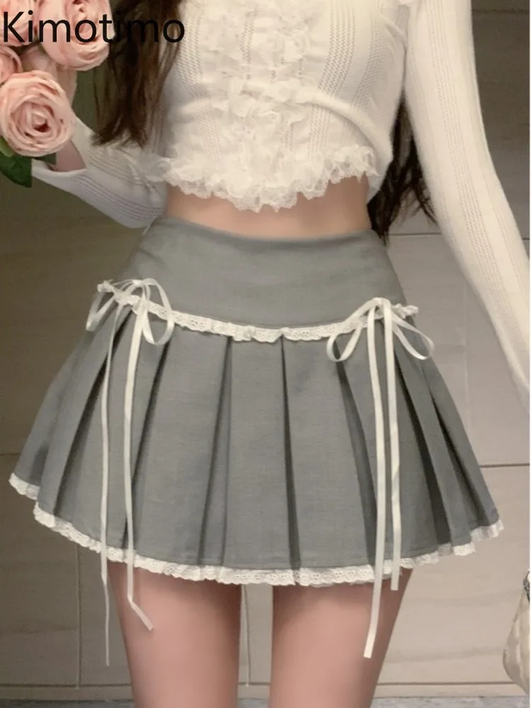 Kimotimo Sweet Bow Lace Up Pleated Short Skirt Women High Waist Slim A-line Y2k Clothes Summer Sexy Spicy Girl All Match Skirts