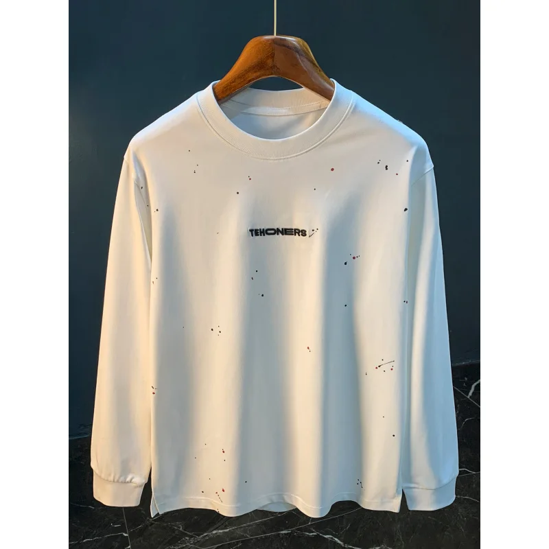 

Trendy round neck loose long sleeved-shirt men in spring and autumn, new style with paint splatter print top