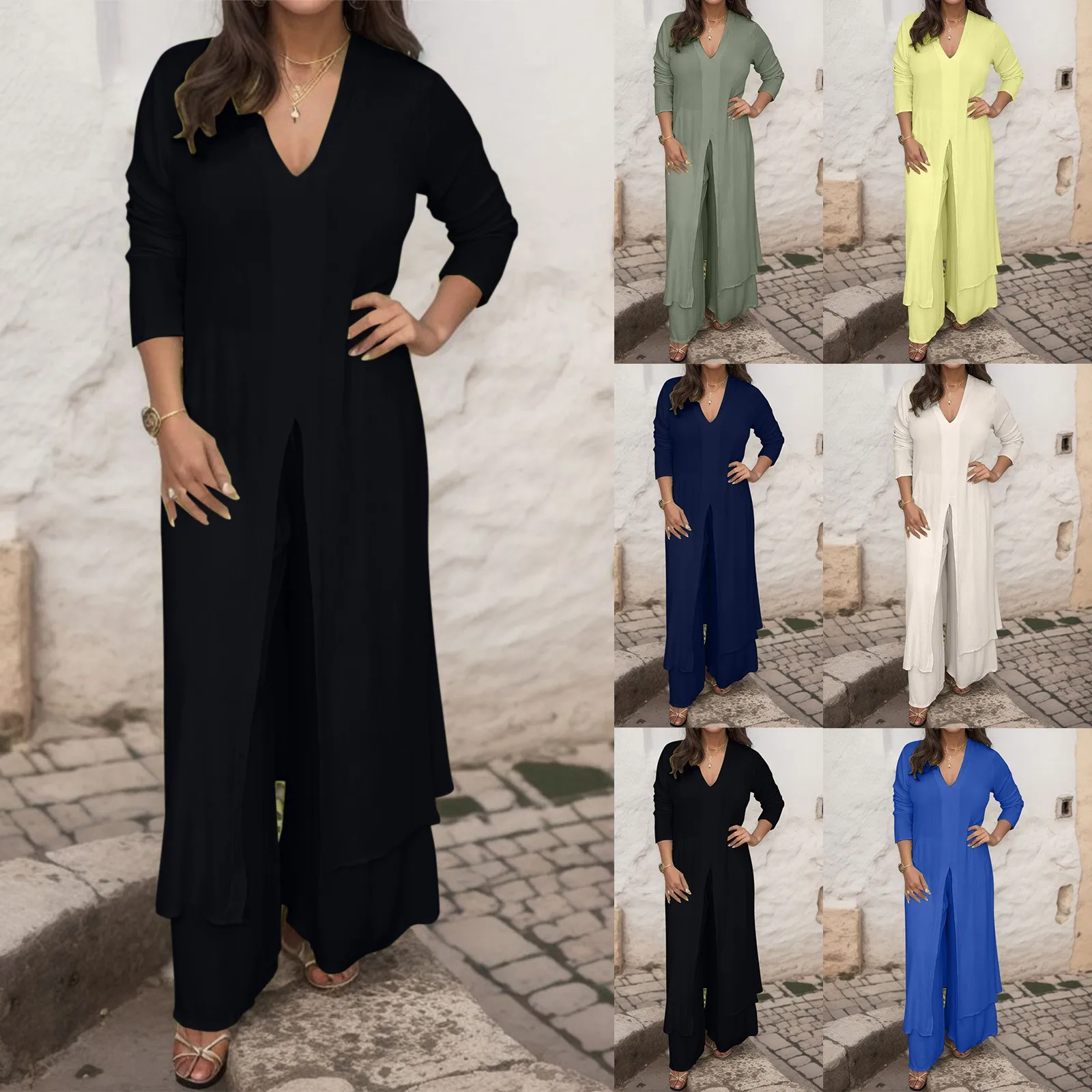 Spring Fall New Women\'s Set Fashion V-neck Solid Long Sleeve Chiffon Shirt Long Tops+Wide Leg Trousers Suit Casual Two-Piece Set