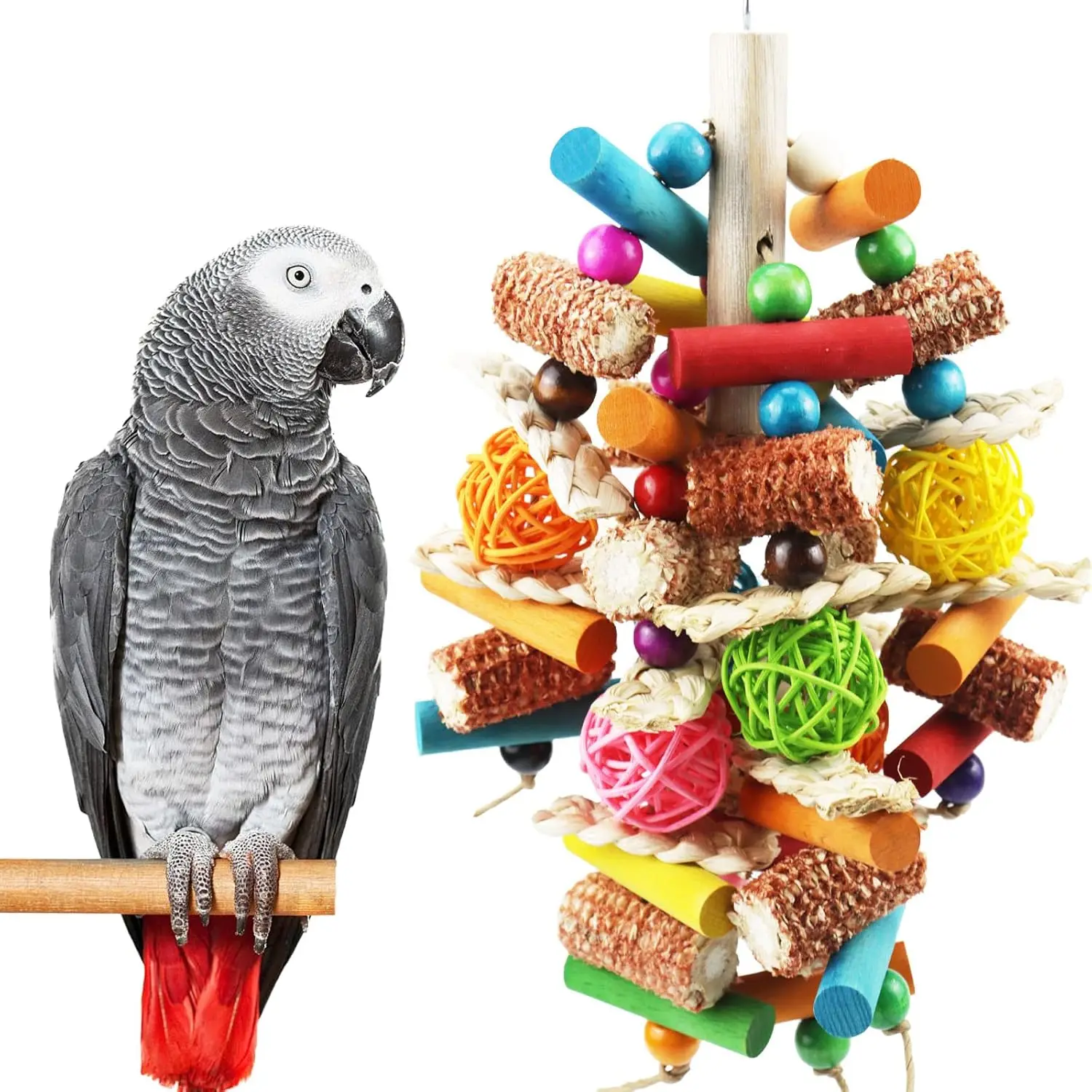 

Natural Peppered Wood Chew Toys for Large Parrots, Macaws, Cockatoos, African Grey, Amazon - Hanging Bird Cage Toy