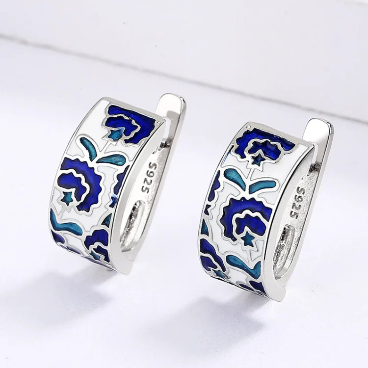 Classic Vintage Temperament Temperament Earrings Blue Enamel Studs Floral Fashion Party Ladies Graffiti Jewellery