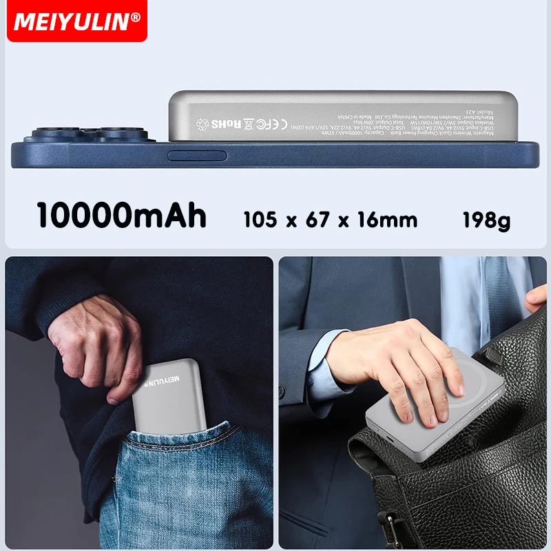 10000mAh Magnetic Wireless Power Bank Portable USB C Fast Charging Universal External Spare Battery For iPhone 16 Samsung Xiaomi