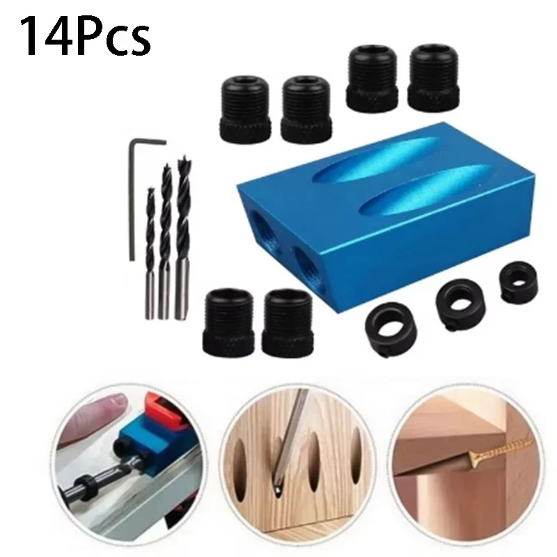 

14Pcs Woodworking Oblique Pocket Hole Locator Jig Kit 15 Degree Angle Drill Guide Set DIY Carpentry Hole Puncher Drill Bits Tool