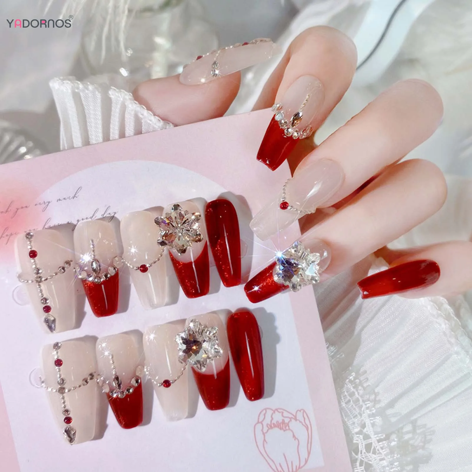 Uñas postizas hechas a mano con ojos de gato, 10 piezas, estilo francés rojo bailarina, diseños de diamantes, manicura usable, uñas de boda