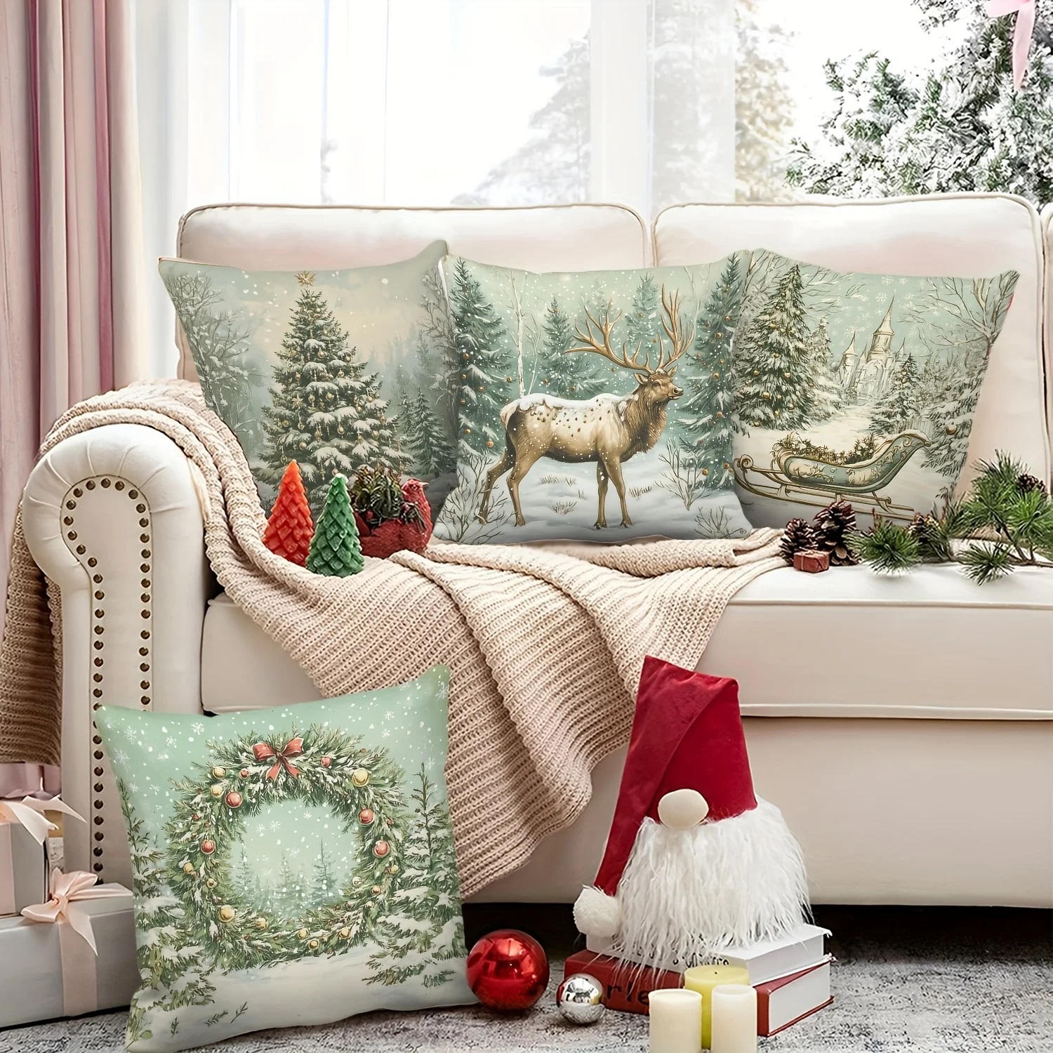 مجموعة غطاء وسادة عيد الميلاد مكونة من 4 قطع - تتميز بتصميمات إكليل الغابات والغزلان والشجرة، مثالية للأريكة والسرير والديكور المنزلي #4