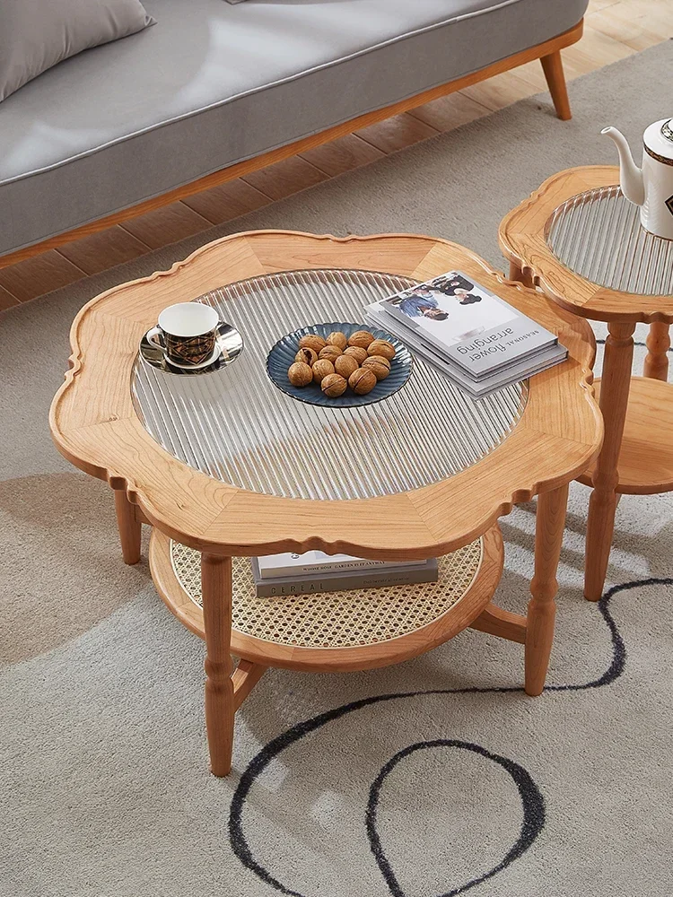 Japanese solid wood rattan living room home Changhong glass size circular coffee table combination