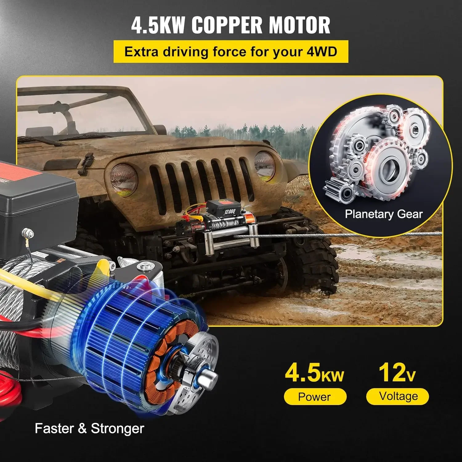 12000lbs Electric Winch 85ft/26m Steel Cable 12V Power Winch Jeep Winch with Wireless Remote Control and Power