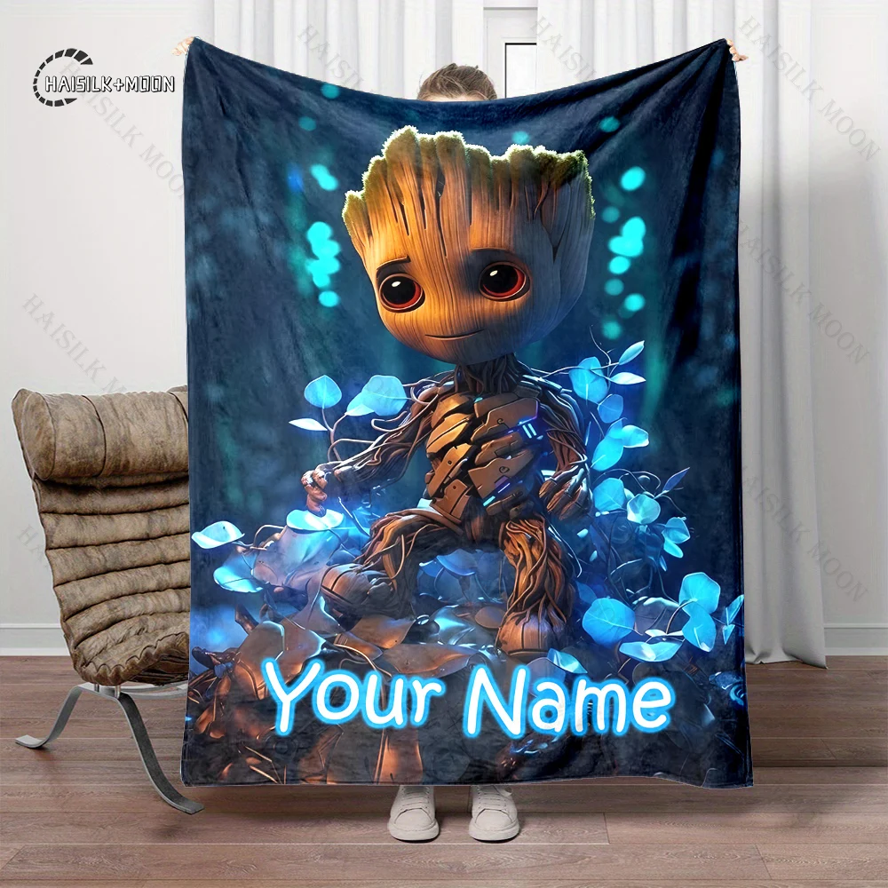 Custom Name Personalized Blanket Marvel Groot Print Adult Children Warm Blankets and Comfortable Blanket Holiday Girl Gifts