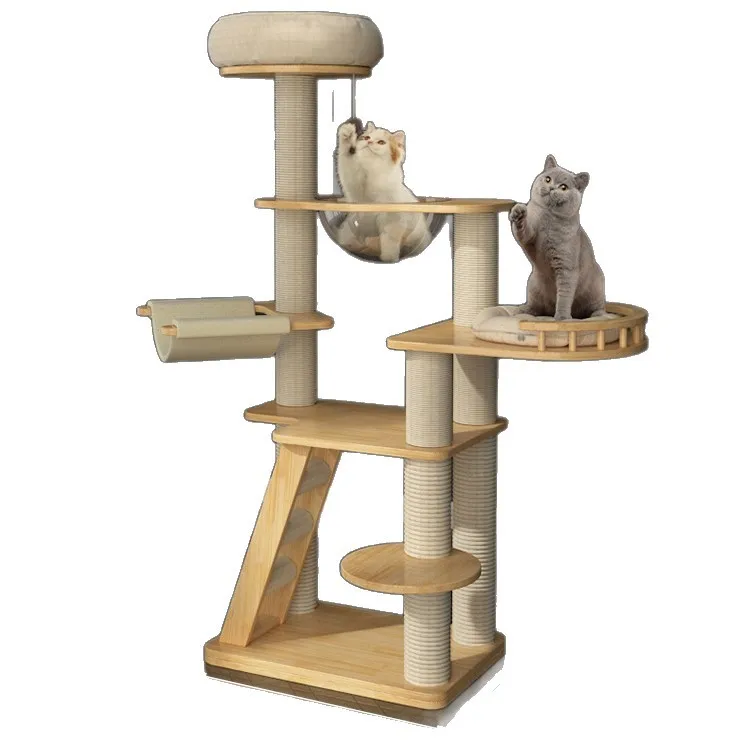 Cat Tree Solid Wood Space Saving Multi-Level for Home for Indoor Sturdy Construction, Cat Climbing Frame Tower