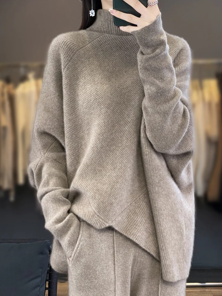 Light Luxury Autumn Winter Women Sweater 100% Merino Wool Knitted Pullover Loose Outerwears Long Sleeve Cashmere Clothing Tops