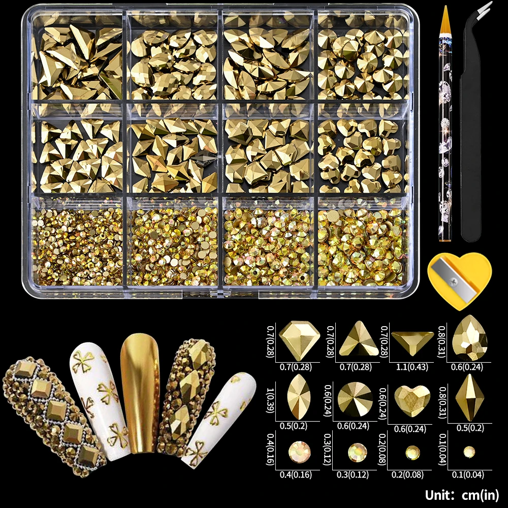 12 Grids Shiny Gold Glass Nail Rhinestones Set Multi Shapes Flatback Gems Crystal 1500Pcs+ Manicure Diomand Gemstones 1mm-8mm
