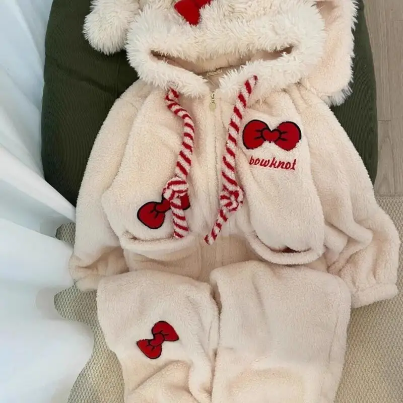 ملابس نسائية بيجامات لطيفة وجميلة مبطنة بالصوف ملابس منزلية شتوية سميكة طقم بيجامة منتج مريح موضة ملتصقة #4