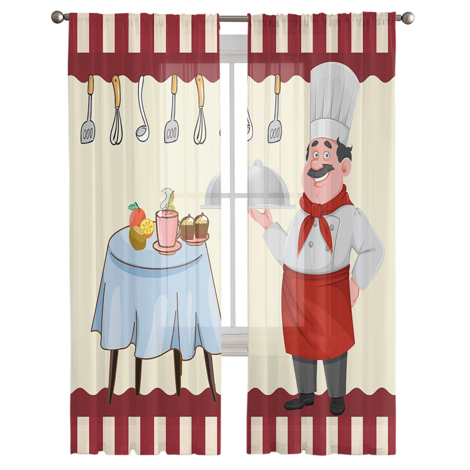 Red Kitchen Chef Knife And Fork Tulle Voile Curtains For Bedroom Window Curtain For Living Room Sheer Curtains Organza Drapes