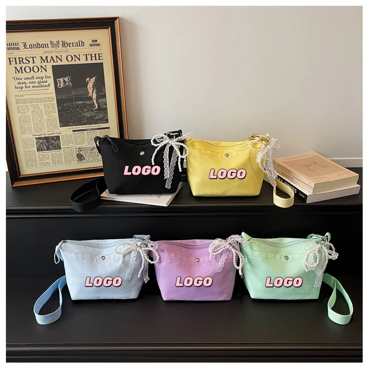 

Custom Logo Canvas Crossbody Bag Women, 5 Colors Casual Shoulder Tote Bag, Mini Travel Handbag, Aesthetic Purse with Lace Bow