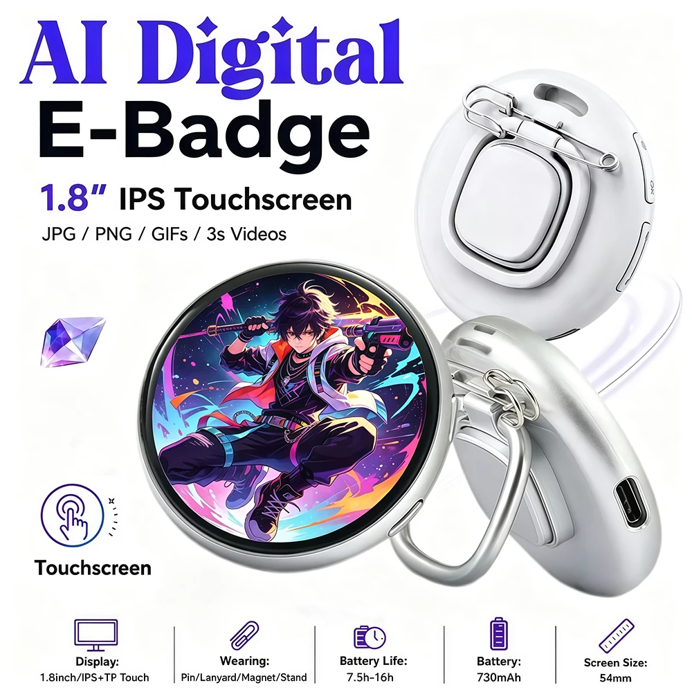 Electronic Digital Pin Badge Touch Control LED Pixel Smart E‑Badge, Custom Animated Photo, Magnetic Badge, Cosplay Fandom Events