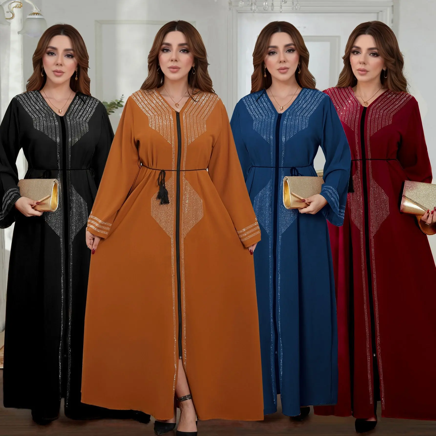 M285 Muslim women's Dubai cardigan robe loose floor length rhinestone long skirt dress