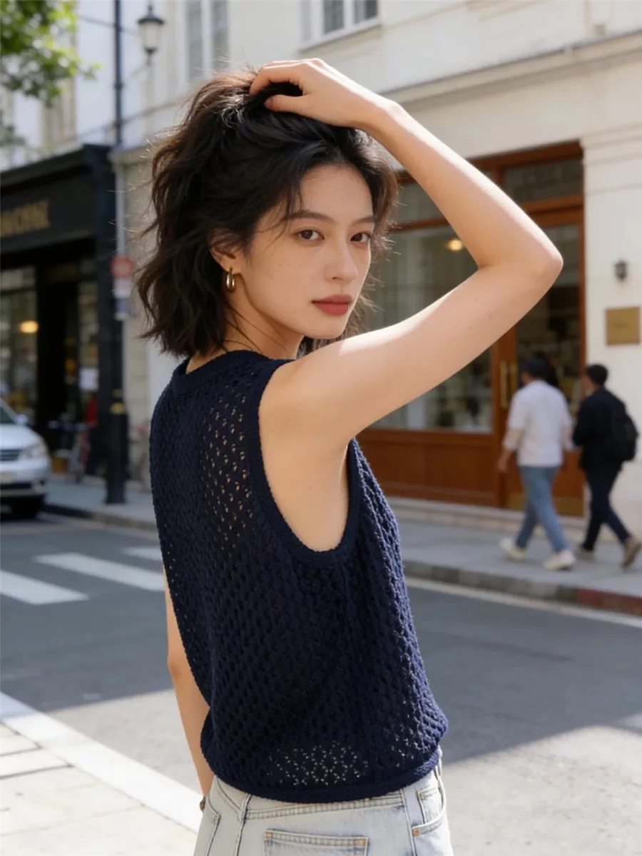 2026 New Summer Hollow Out Ice Silk Knit Vest Women Sleeveless Cami Casual Layered Inner Basic Tops Fashion Tank top