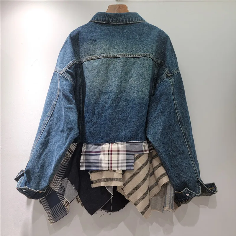 2025 가을 빈티지 디스트레스드 데님 코트 여성용 불규칙한 체크 패치워크 라펠 긴 소매 아우터웨어